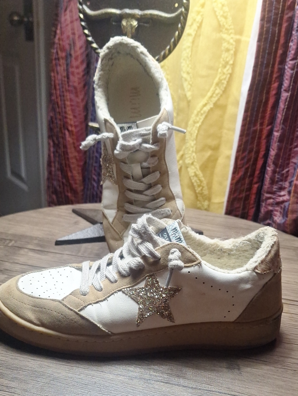 Miracle Miles White and Tan Sneakers with Gold Glitter Star